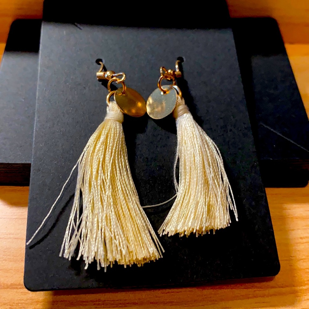 “Your Name Here” Cream white fringe dangle earrings